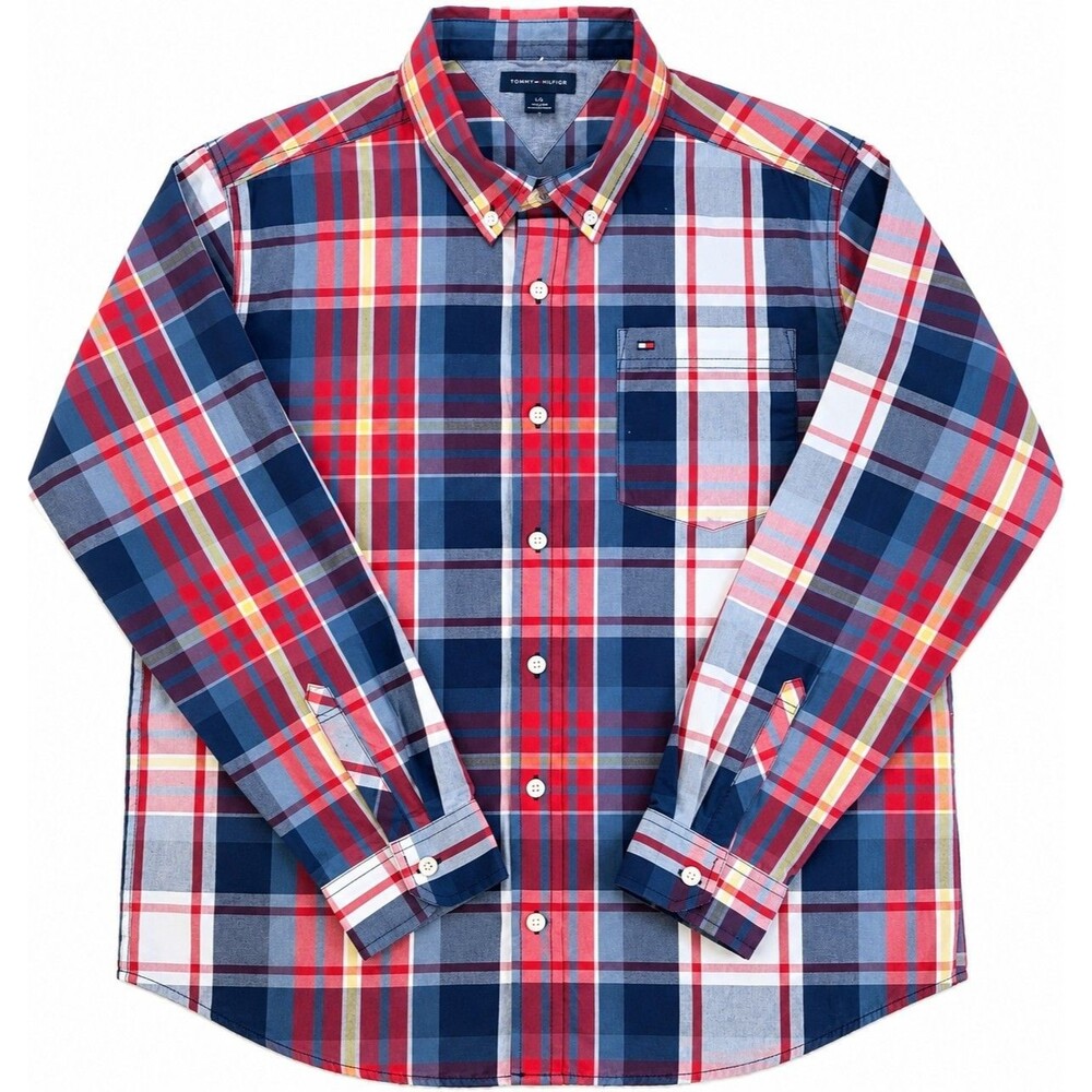 Boys Tommy Hilfiger Plaid Button Down Shirt XL 20 Long Sleeve Red Blue